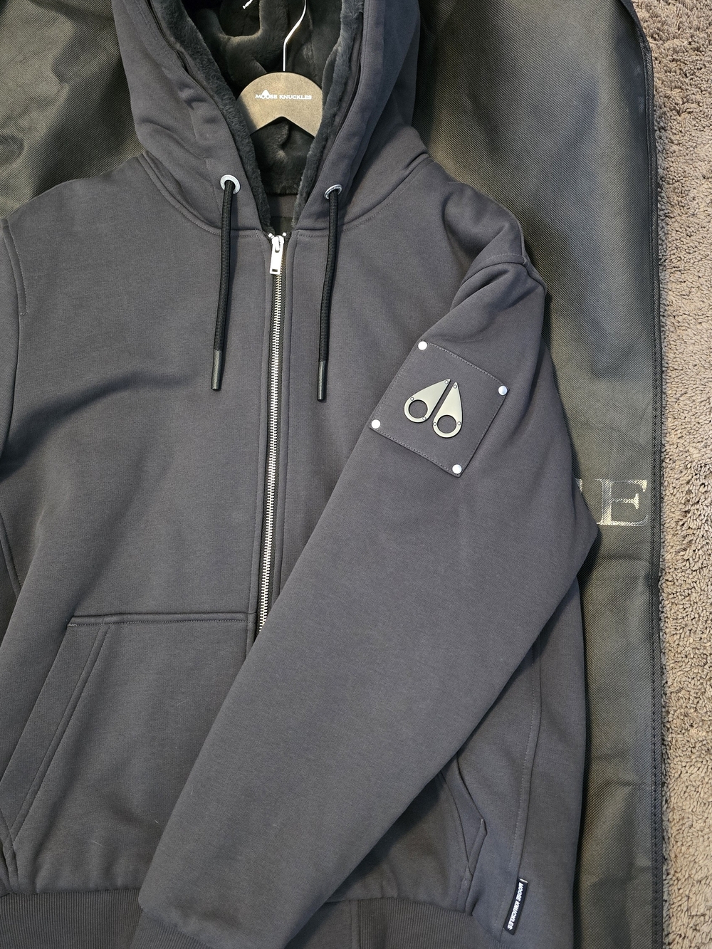 Moose Knuckles Charcoal Black Zip Hoodie with Logo Patch